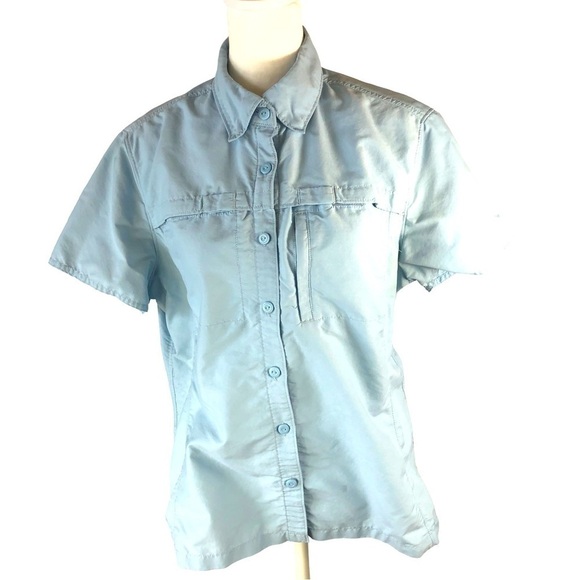 L L Bean Vented Mesh Back Blouse Women M Light Blue Snap Down Collar Outdoor - Picture 1 of 9